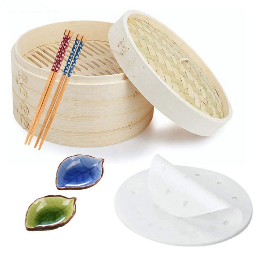 Bao Steamer Bamboo - Cuit-vapeur chinois en bambou avec couvercle,